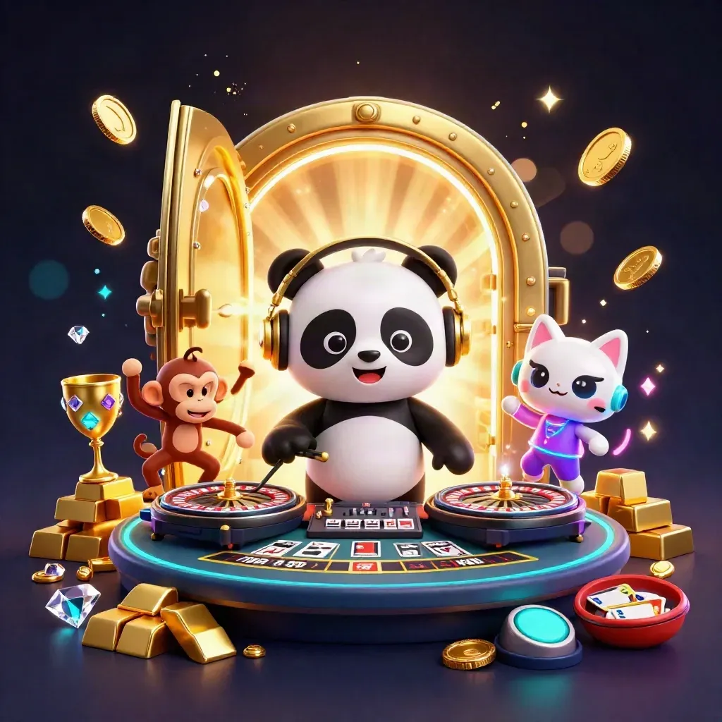 DJ panda, monkey, and glow-kitten amid casino vault gold and cosmic lights