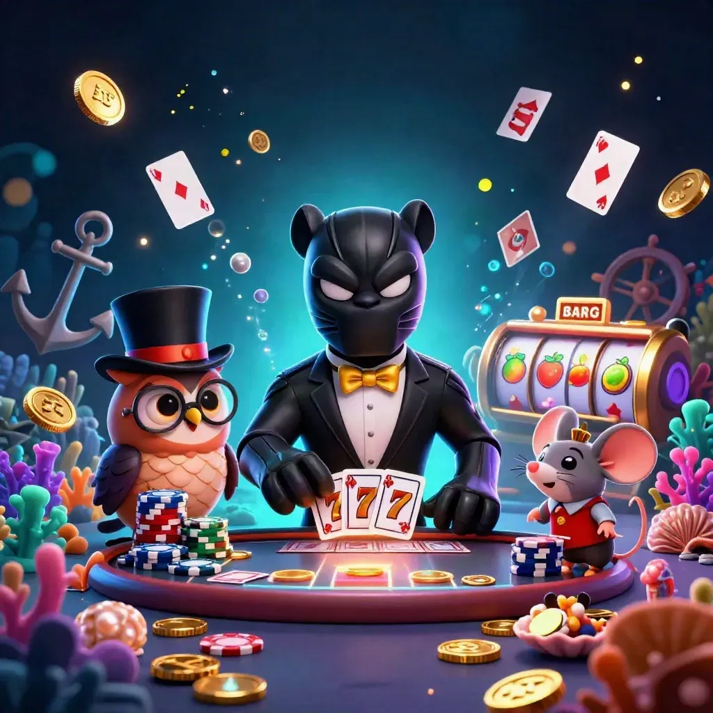 Panther dealer, owl, and mouse amid cosmic casino treasure, cards, coins, and glowing reels.