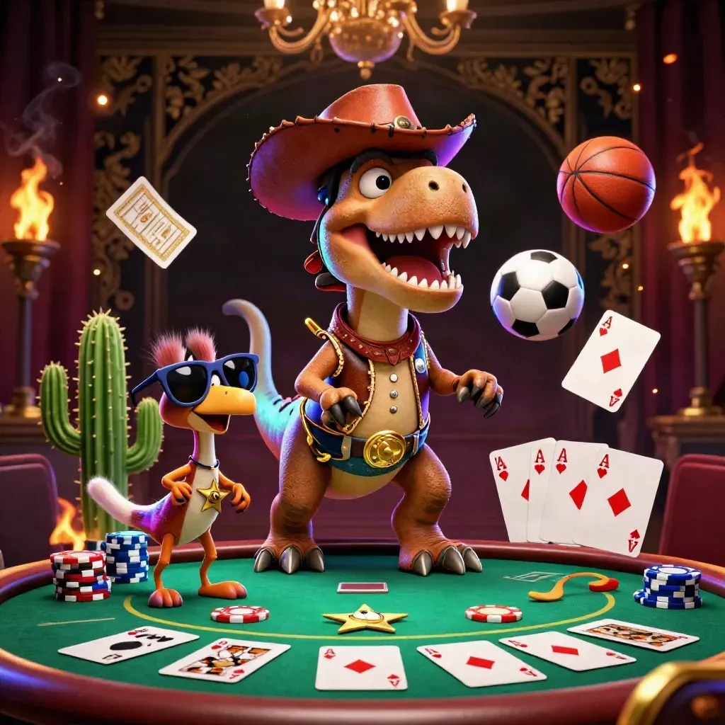 Cowboy T-Rex, cactus, and roadrunner amid chips, cards, a soccer ball, and casino glow.