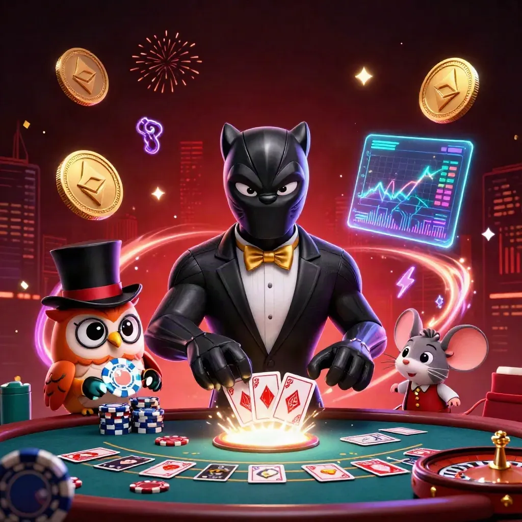 Panther, owl, and mouse in a neon casino burst with coins, lightning, and fireworks.