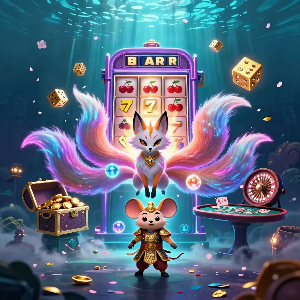 Neon fox spirit and samurai mouse amid casino magic, gold, dice, and glowing slot burst
