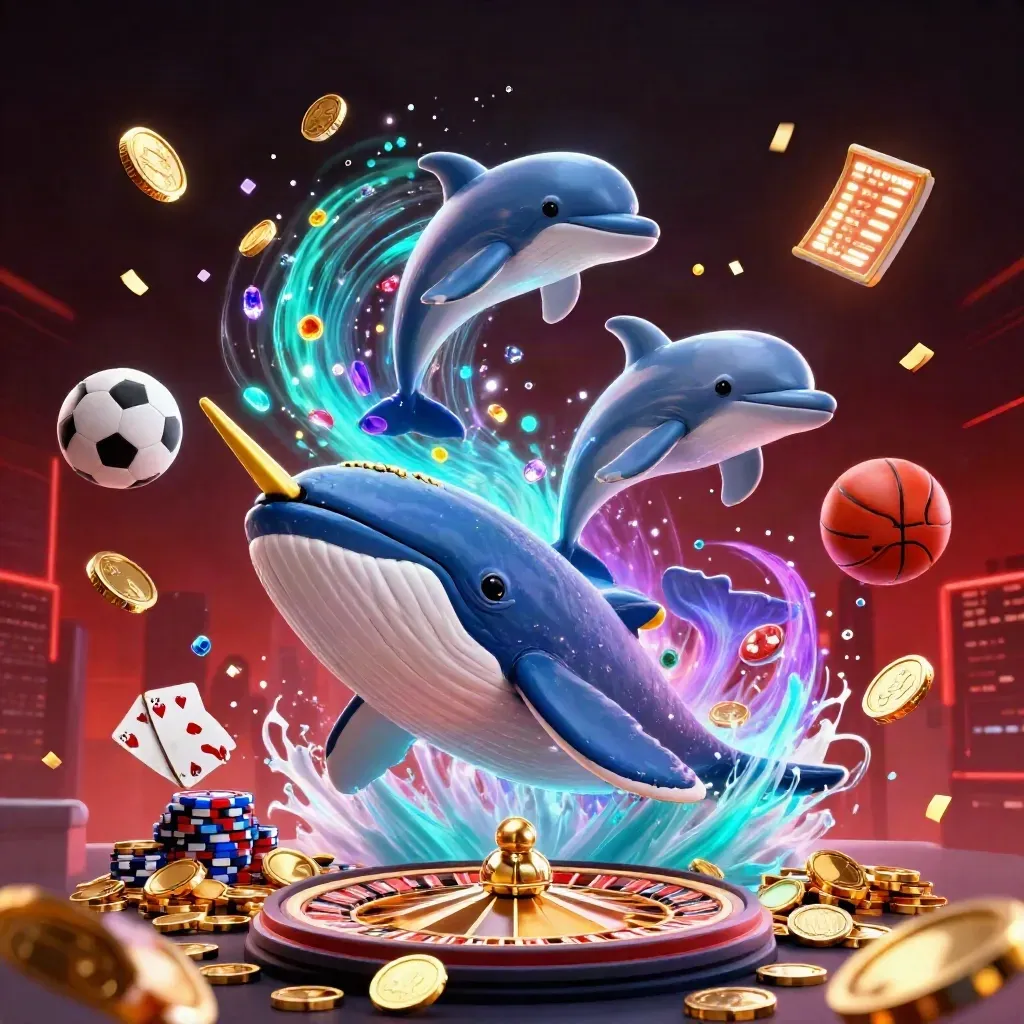 Whale, narwhal, and dolphins burst through coins with casino chips and glowing sports props.