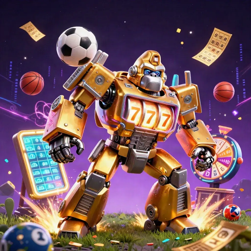 Golden gorilla slot-mech with monkey pilot amid sports balls, neon energy, purple casino glow