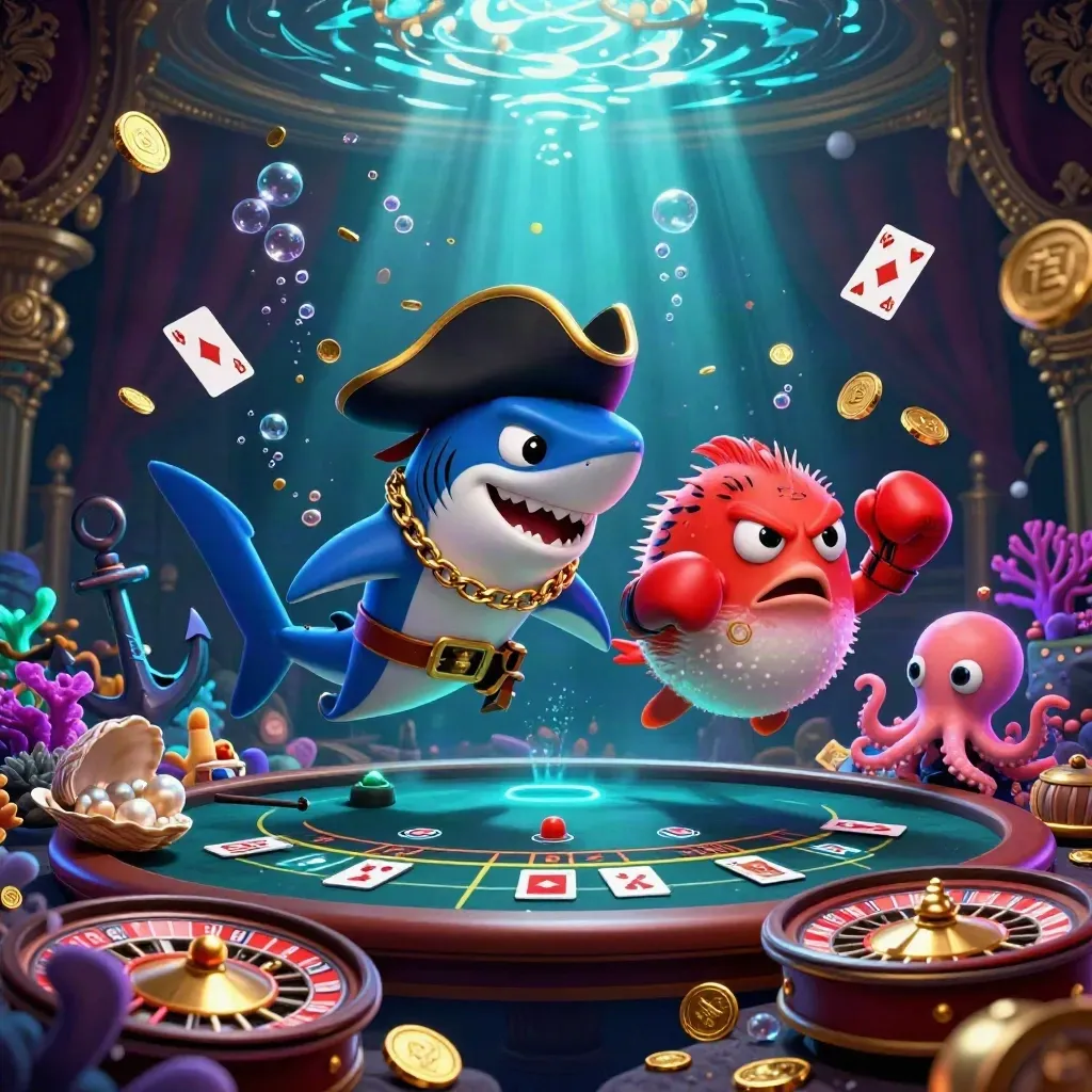 Shark captain, pufferfish boxer, and juggling octopus in a neon treasure cove.