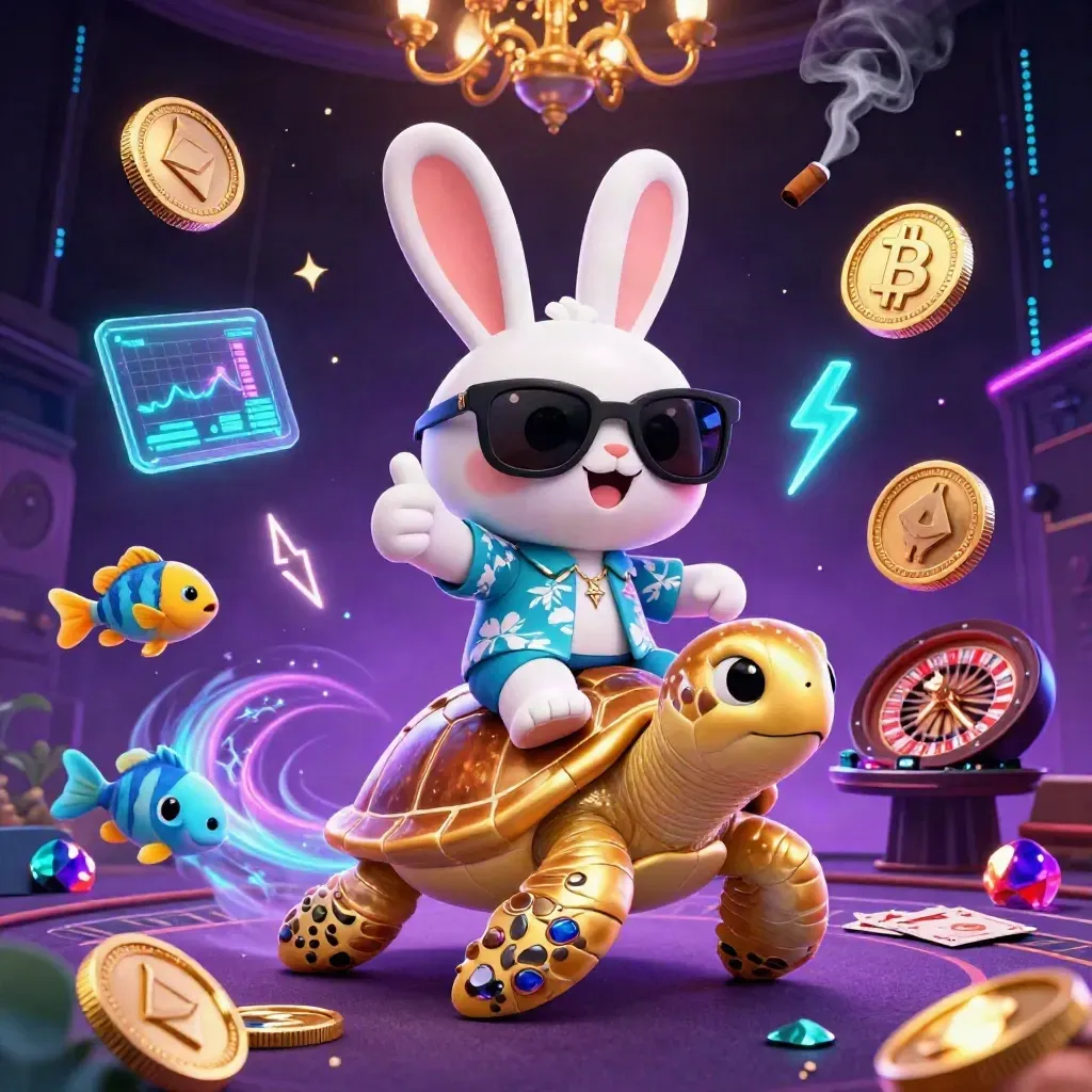 Lucky rabbit rides a golden sea turtle amid neon casino symbols and glowing effects
