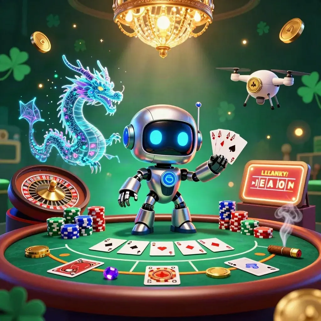 Cyberpunk robot, holographic dragon and drone in a luxe casino with roulette, cards, chips, and neon glow.