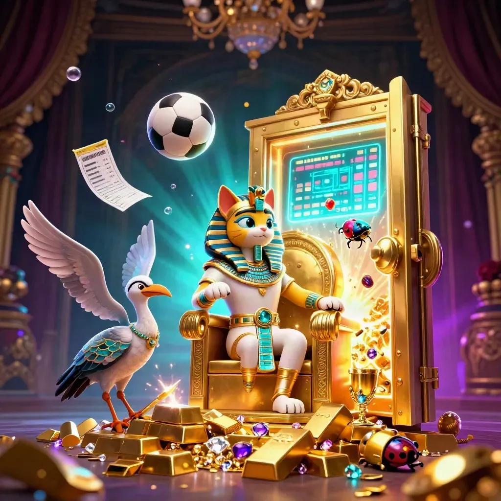 Pharaoh cat, ibis scribe, and gem scarabs amid gold vault bursts, sports balls, and casino glows.