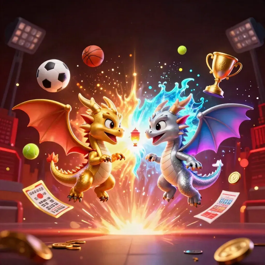 Gold and silver dragons with fire and ice breath, balls, trophy, coins, and neon lights.