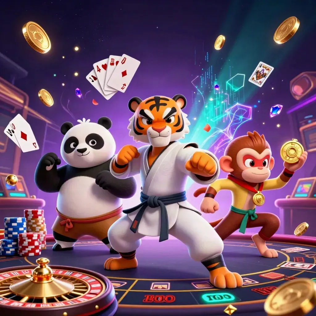 Kung-fu tiger, panda and monkey amid casino lights, coins, gems, roulette, cards and chips.