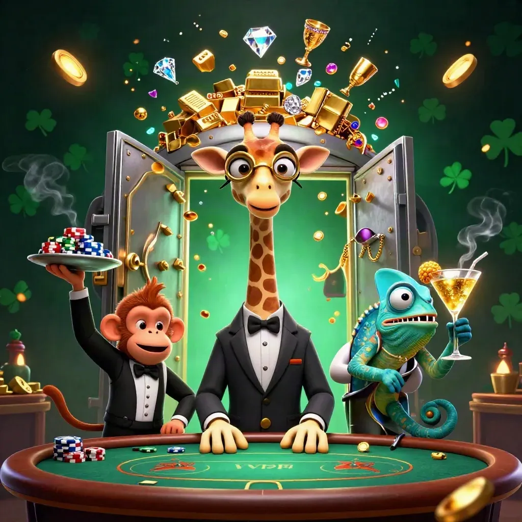 Three cartoon casino animals at a vault burst: giraffe, monkey valet, and chameleon bartender amid gold and gems.