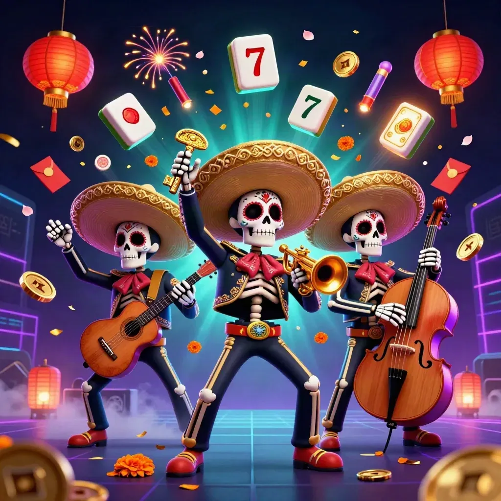 Skeleton mariachi trio amid lanterns, jade coins, petals and teal casino glow