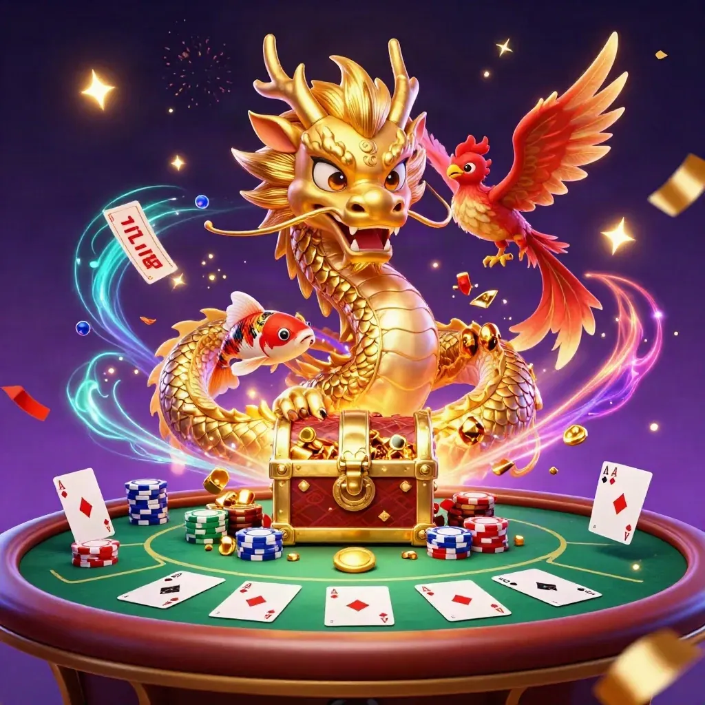 Golden dragon, red phoenix and koi burst around casino chips on a neon-purple dark backdrop.