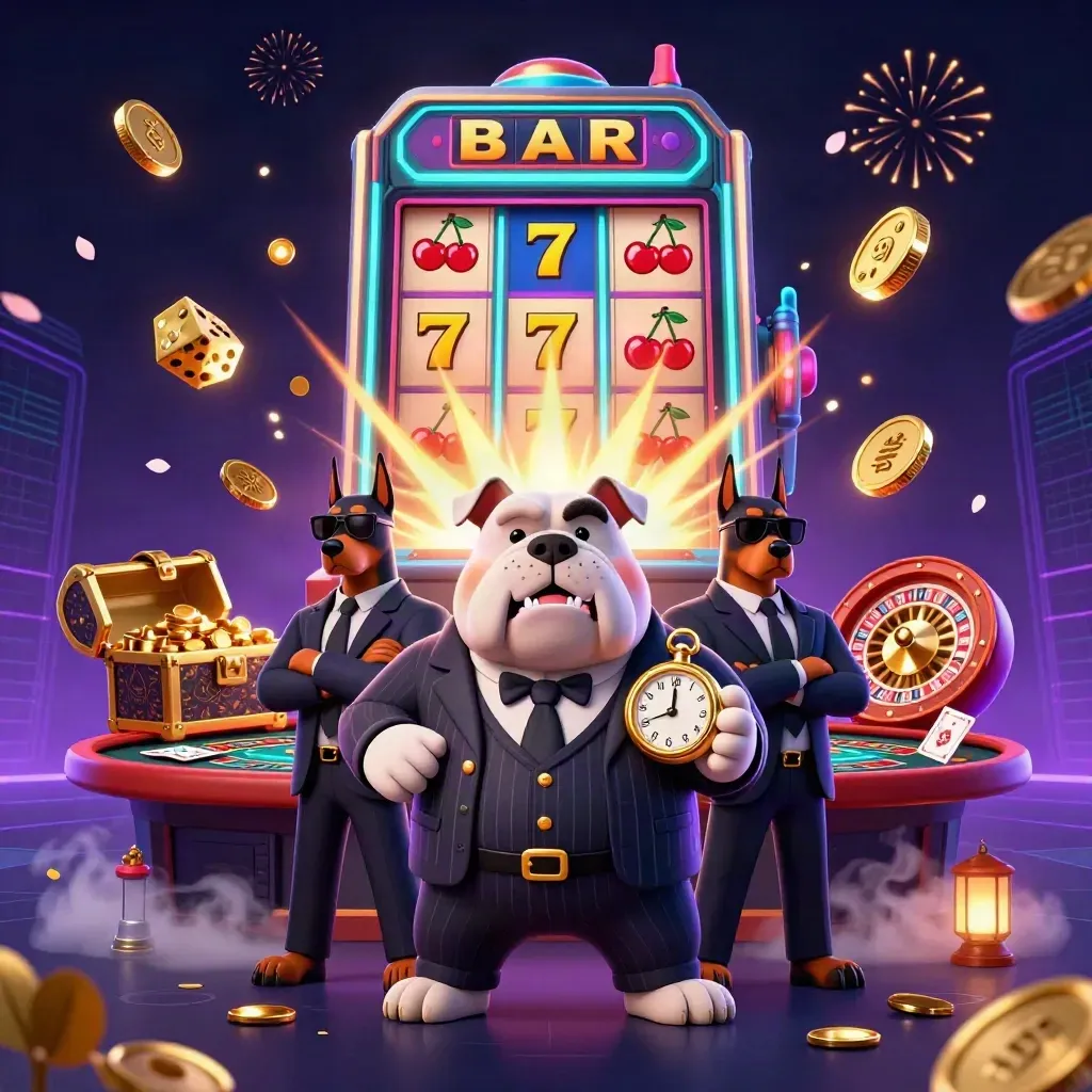 Bulldog boss and Dobermans amid a bursting slot machine, gold coins, neon casino firework chaos