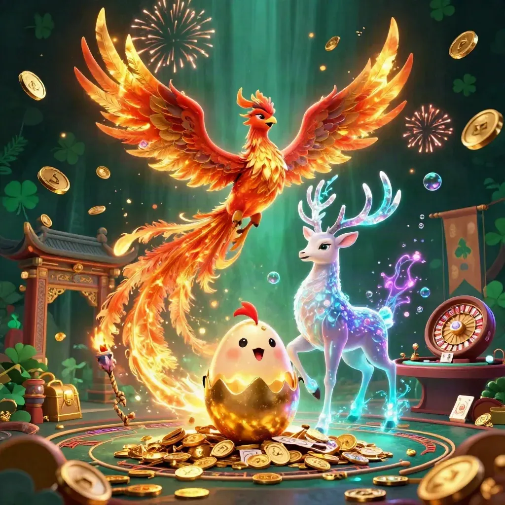 Phoenix, stag and hatchling amid casino gold, spinning wheel and jackpot fireworks.