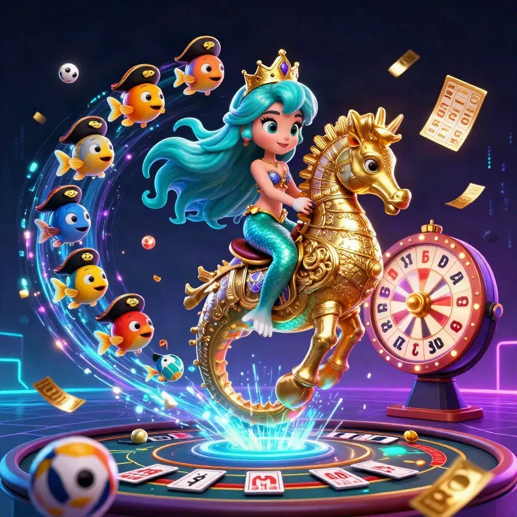 Mermaid princess on armored seahorse amid casino symbols and neon energy