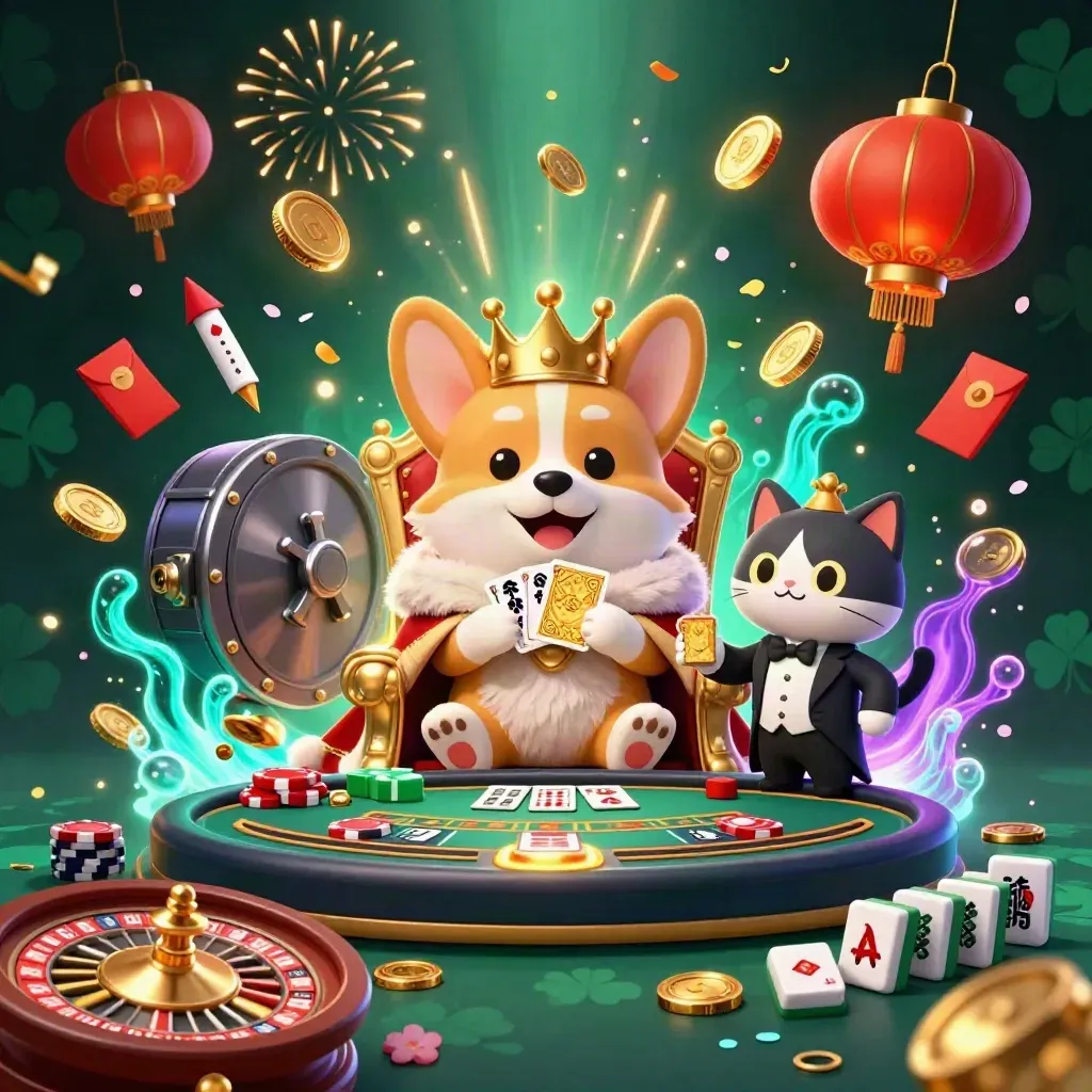 Royal corgi and cat butler amid casino treasure, coins, lanterns, fireworks, and glowing tables.