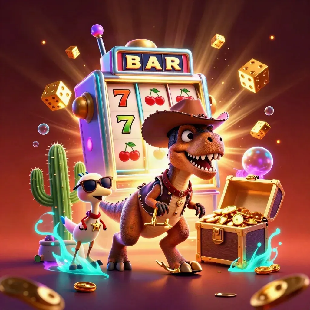 Cowboy T-Rex, cactus sidekick, and roadrunner amid a bursting slot machine and gold.