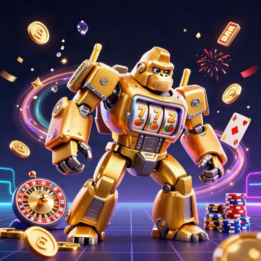 Golden gorilla mech with monkey pilot amid coins, reels, cards, chips, and neon casino effects