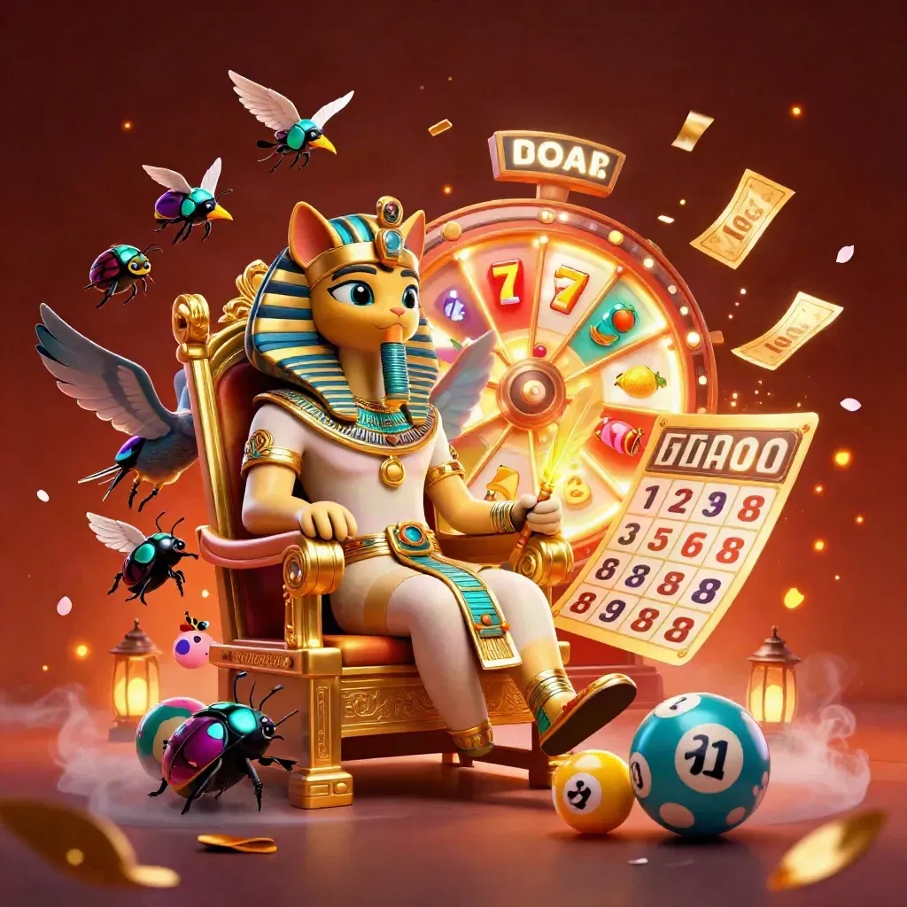 Pharaoh cat, ibis scribe, and scarabs amid casino symbols on a dark glowing background.