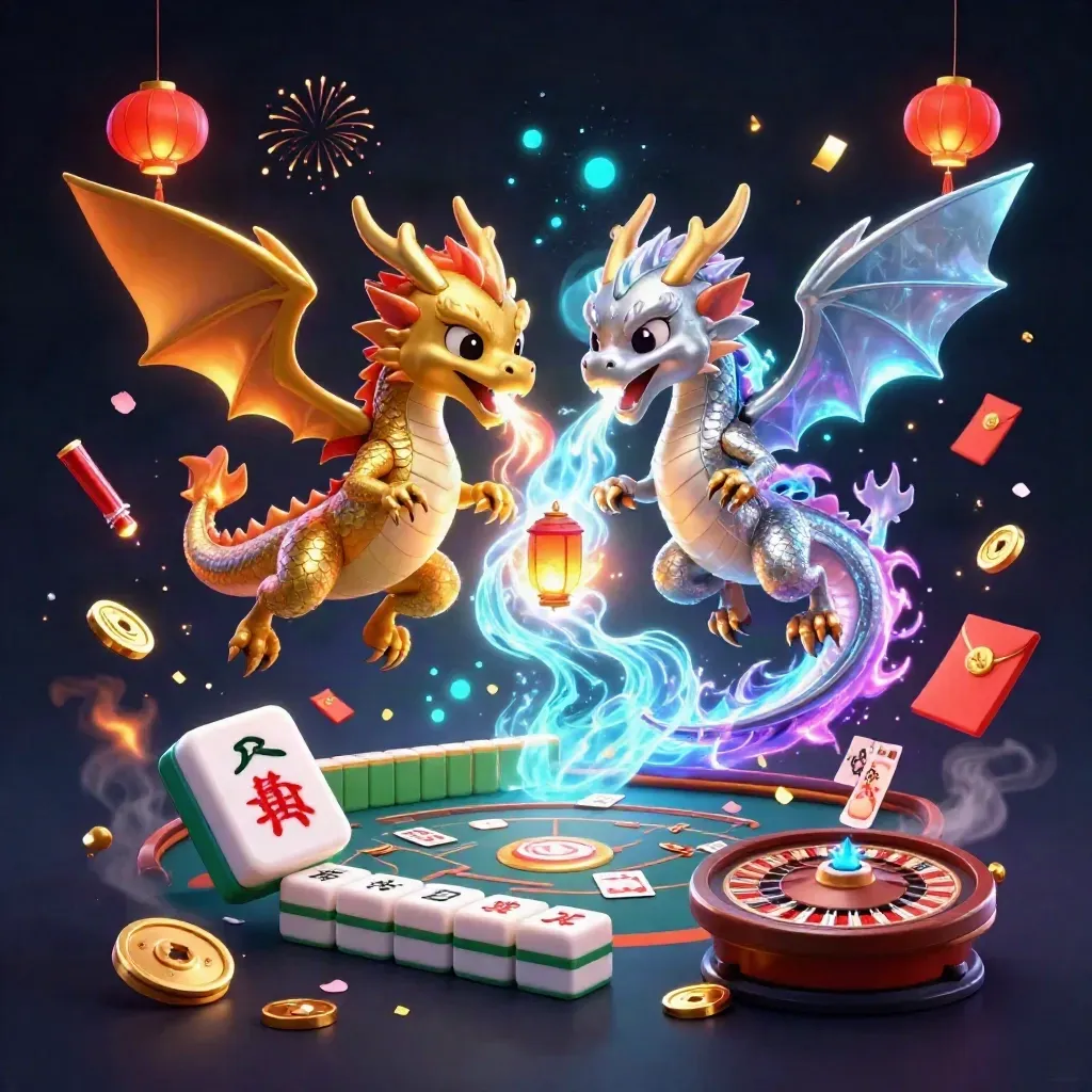 Gold and silver dragons with casino props, fire, ice, and glowing effects.